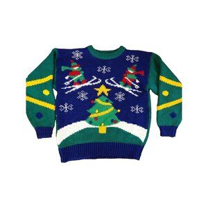 True Vintage Amanda Smith Ski Ugly Christmas Sweater Womens MEDIUM Blue Green